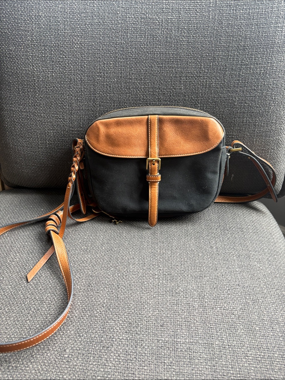 Fossil Black Canvas Crossbody with Brown Leather Trim